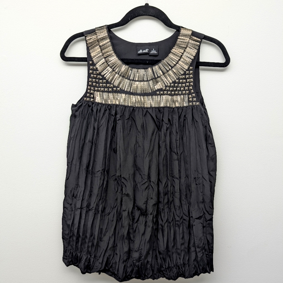 Small Black Sleeveless Blouse Tank With Metal Bronze Silver Stud Embellishments